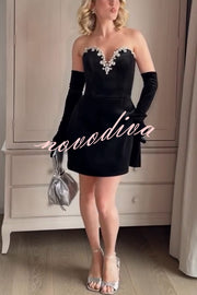 Ines Luxurious Velvet Jewel-encrusted Sweetheart Off Shoulder Neck Tulip Stretch Mini Dress