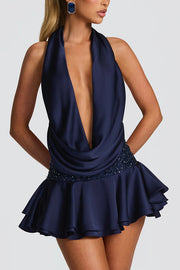 Lara Satin Halter Cowl Neck Bodysuit and Mid-rise Embellished Waistband Layered Hem Skort Set