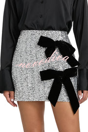 Holiday Party Sequin Velvet Bow Detail High Rise Stretch Mini Skirt