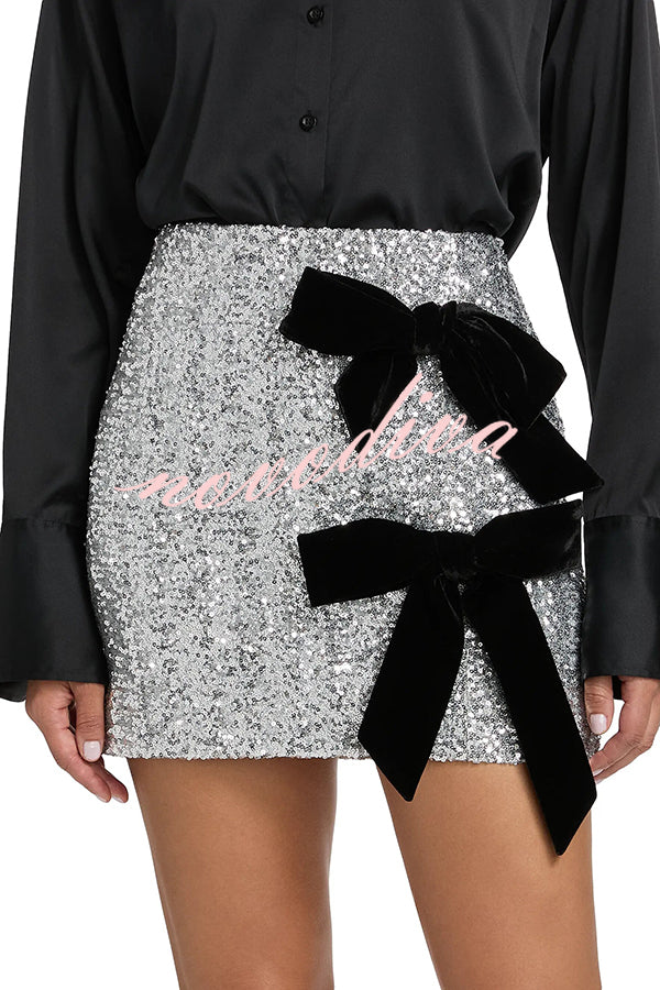 Holiday Party Sequin Velvet Bow Detail High Rise Stretch Mini Skirt
