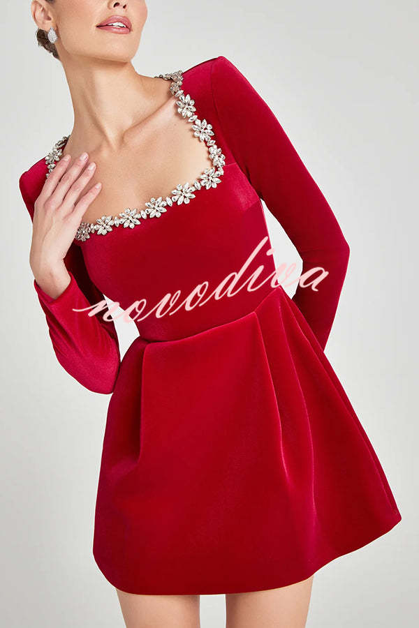 Endless Celebration Velvet Jewel Embellished Trim Long Sleeve Pocketed Mini Dress