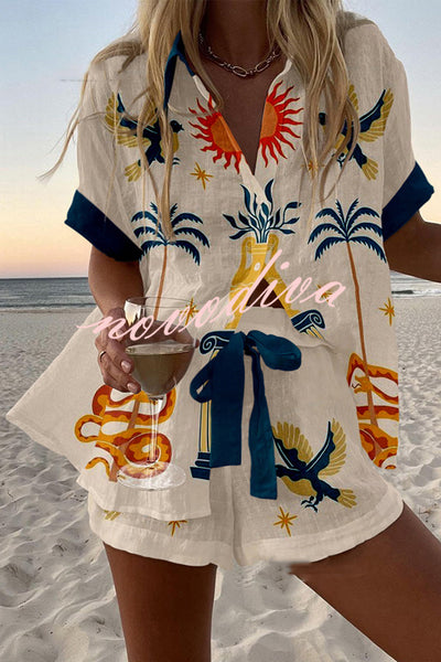 Holiday Print Loose Button Elastic Waist Shorts Set