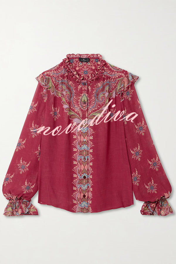 Unique Printed Chiffon Long-sleeved Loose Shirt and Elegant Ruffled Maxi Skirt Set