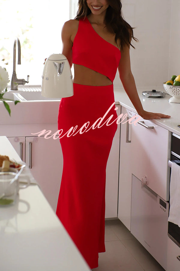 Solid Color Sexy One Shoulder Off Waist Maxi Dress