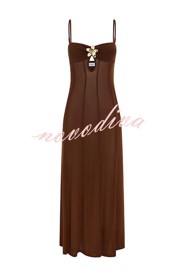 Espresso Sexy Mesh Floral Hardware Slip Stretch Maxi Dress