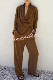 Bella Satin Drape Collar Single Button Casual Blazer and Elastic Waist Pocket Loose Pants Set