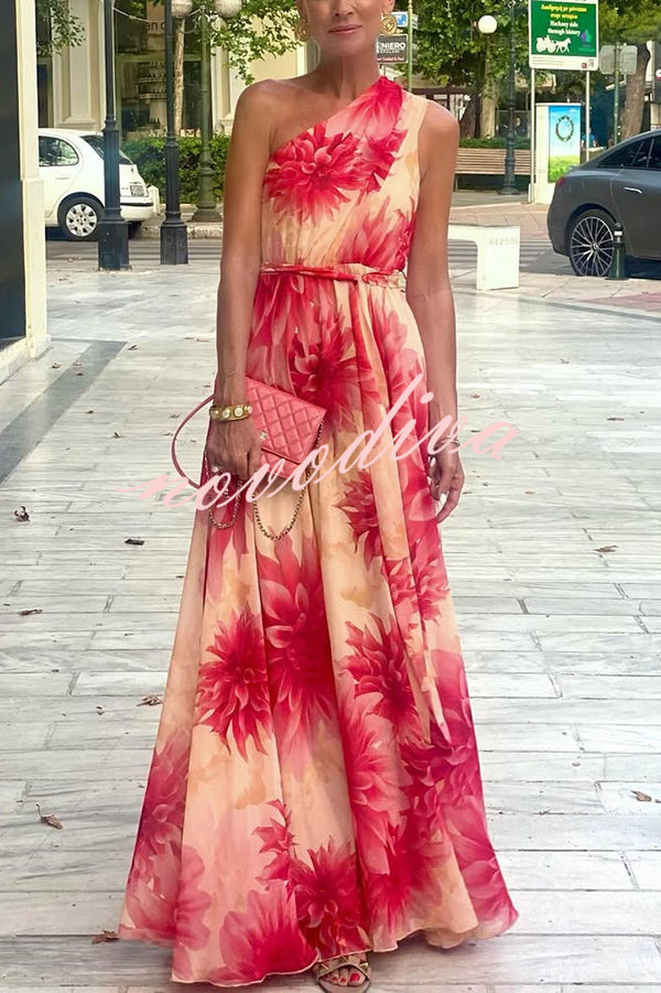 Floral Print One Shoulder Waist Tie Full Hem Resort Style Maxi Dress