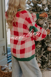 Holiday Cozy Checkered Knit Color-blocked Plaid Bow Long-sleeved Cardigan