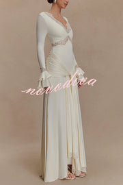 Fashion Lace Splicing Sexy V-neck Long-sleeved Slim Maxi Dress