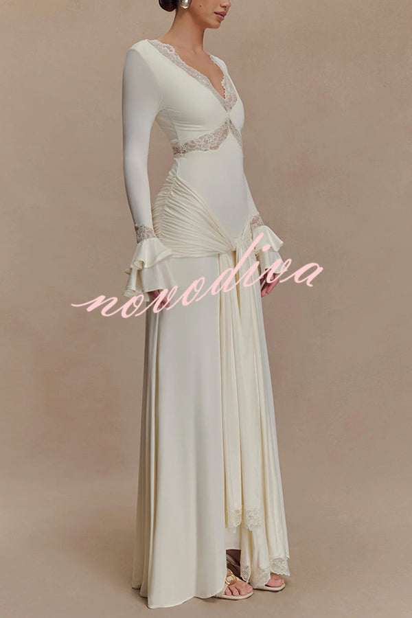 Fashion Lace Splicing Sexy V-neck Long-sleeved Slim Maxi Dress
