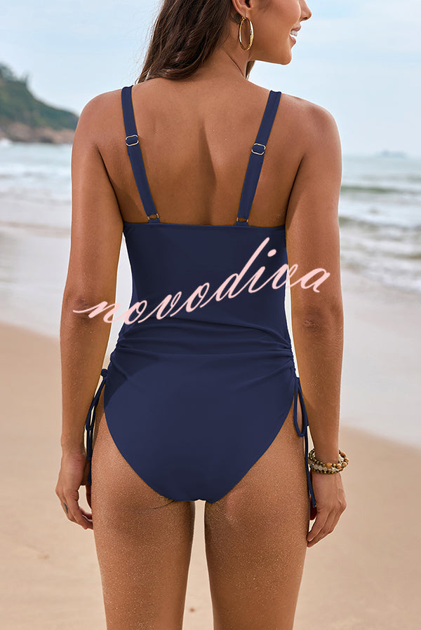 Solid Color Drawstring Waist Mesh One-Piece Swimsuit