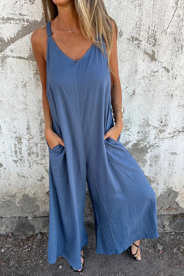 Linen Blend Solid Color Suspenders Loose Pockets Casual Wide-leg Jumpsuit