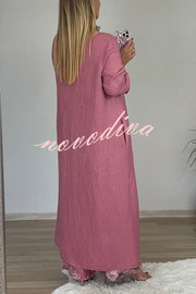 Linen Blend Crew Neck Long Sleeve Irregular Loose Top and Elastic Waist Floral Print Casual Pocket Set