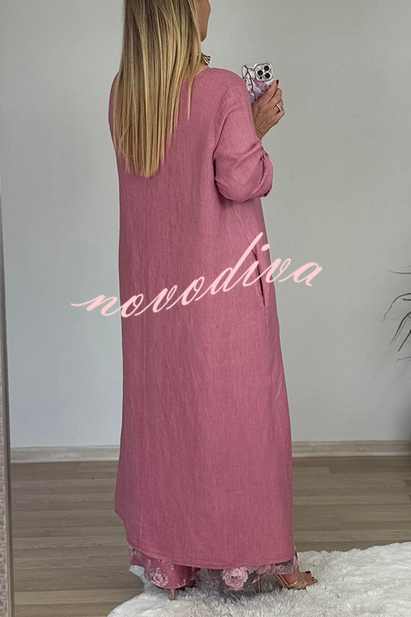 Linen Blend Crew Neck Long Sleeve Irregular Loose Top and Elastic Waist Floral Print Casual Pocket Set