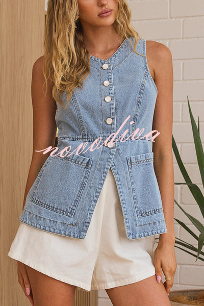 Fashionable Casual Slim Fit Button Pocket Denim Vest