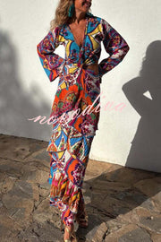 Colorful Day Unique Print Bell Sleeve Cutout Waist Layered Maxi Dress