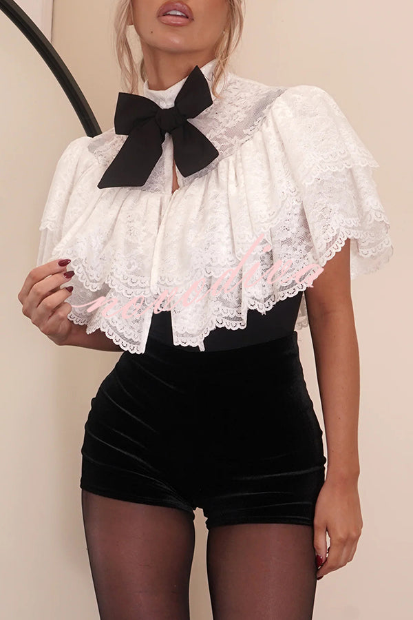 Medieval Style Lace Bow Detail High Neck Open Front Ruffles Cropped Cape Top