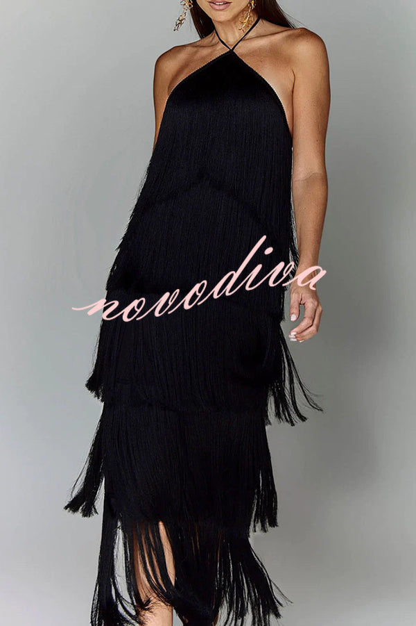 Sexy Halterneck Backless Elegant Fringe Maxi Dress