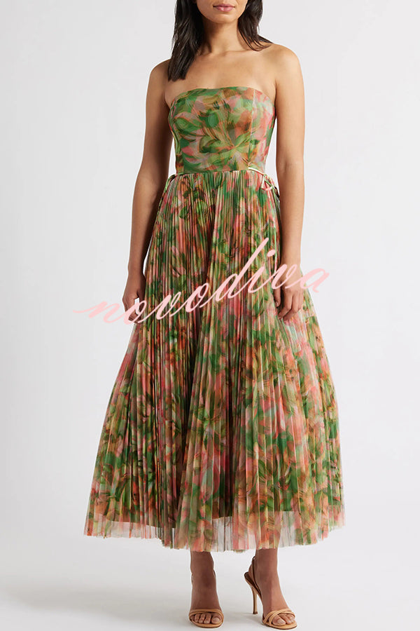 Romantic Factor Pleated Mesh Watercolor Print Bow Detail Strapless Maxi Dress