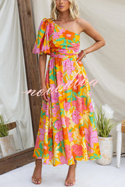 Coriene Floral Print One Shoulder Puff Sleeve Maxi Dress