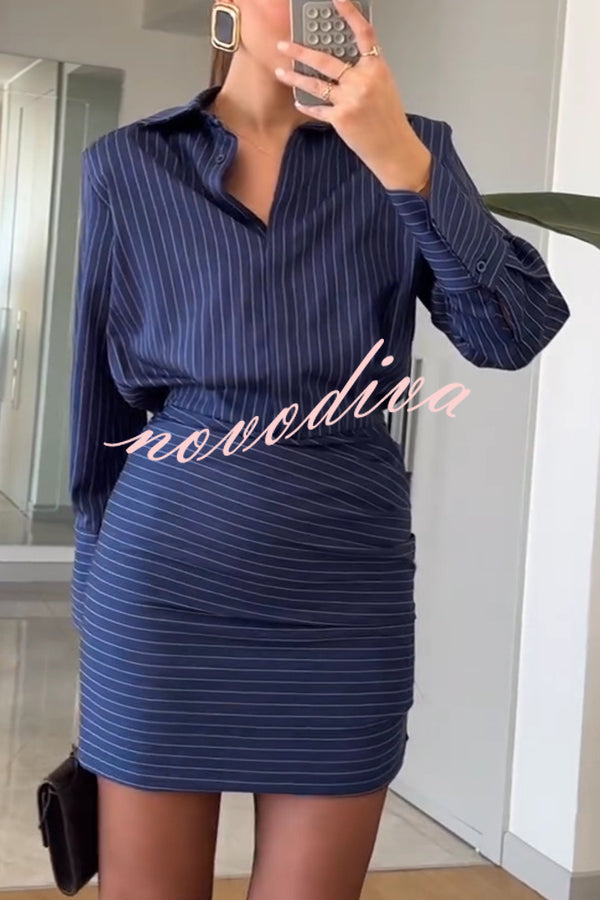 Simple and Sexy Stripe Print Long Sleeve Ruched Hem Shirt Mini Dress