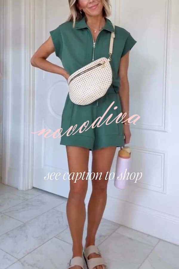 Buttery Touch Half-Zip Short Sleeve Sweatshirt and Elastic Waist Pocket Casual Shorts Set