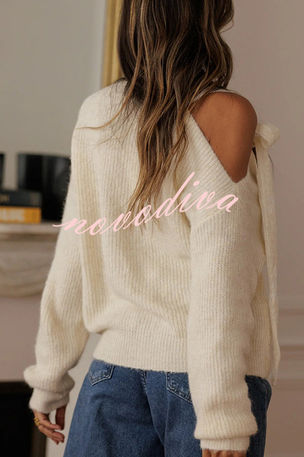 Solid Color Bow Tie Long-sleeved Casual Knit Sweater