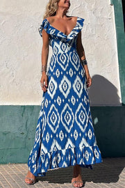 Coastal Canvas Ethnic Print Smocked Bust Ruffle Neck Maxi Dress