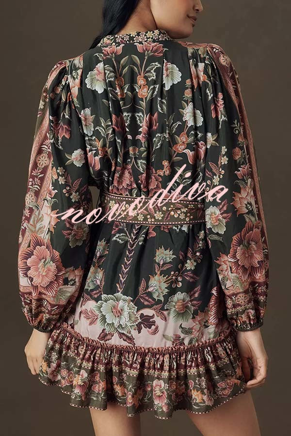 Brazilian Style Unique Floral Print Puff Sleeve Belted Pleated Hem Mini Dress