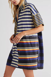 Contrast Striped Patchwork Denim Lapel Loose Casual Mini Dress