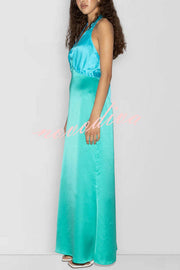 Like A Gem Satin Colorblock Halter Backless Party Maxi Dress