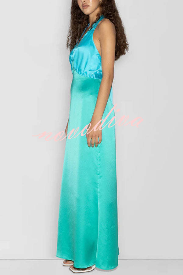 Like A Gem Satin Colorblock Halter Backless Party Maxi Dress