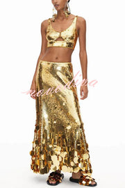 Party Sequin Button Crop Tank and Irregular Round Sequin Tassels Hem Maxi Skirt Set