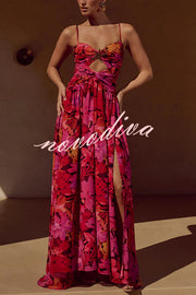 Resort Style Printed Starfish Brooch Cutout Ruched Slit Maxi Dress