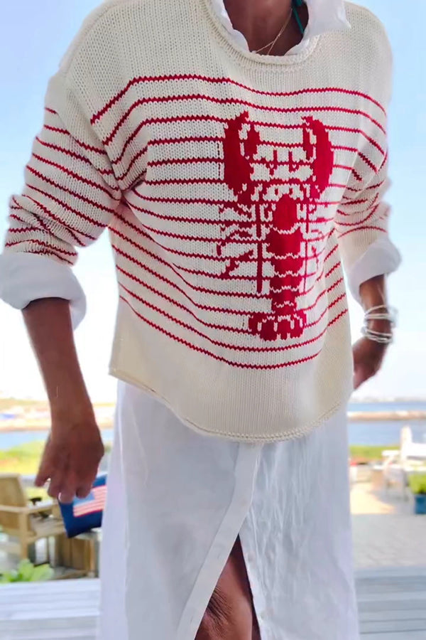 Striped Lobster Print Crew Neck Loose-fitting Knitted Sweater