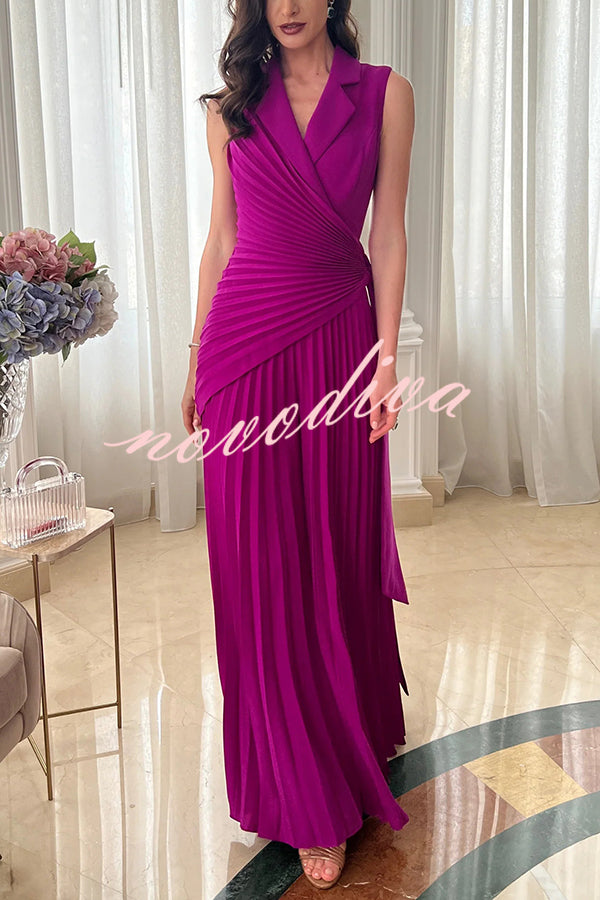 Solid Color Lapel Sleeveless Waist Tie Pleated Wide-leg Jumpsuit