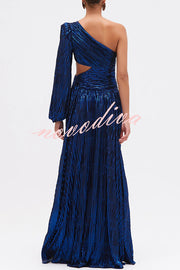 Dazzling Night Metallic Pleated One Shoulder Cutout Balloon Sleeve Gown Maxi Dress