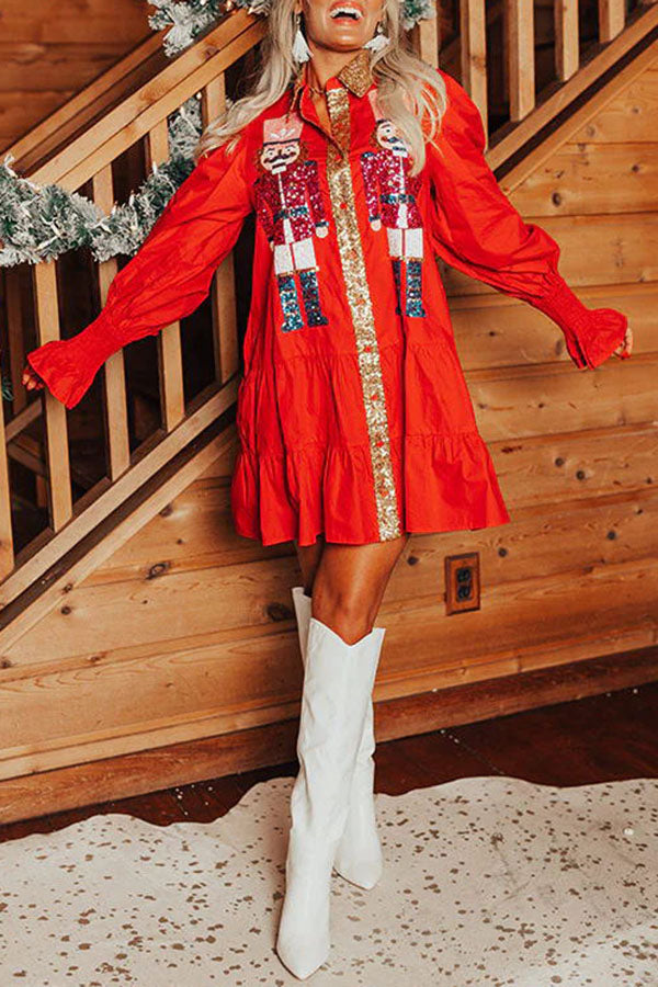 Nutcracker Sequined Button Down Long Sleeve Mini Dress