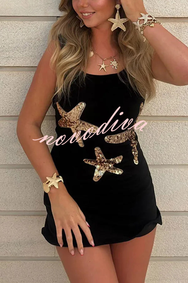 Beachside Dreams Starfish Sequin Wave Hem Stretch Tank Mini Dress