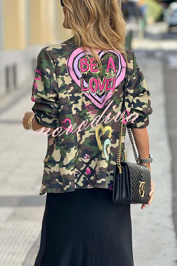 Be A Lover Camouflage Heart Graffiti Detail Lapel Loose Blazer Jacket