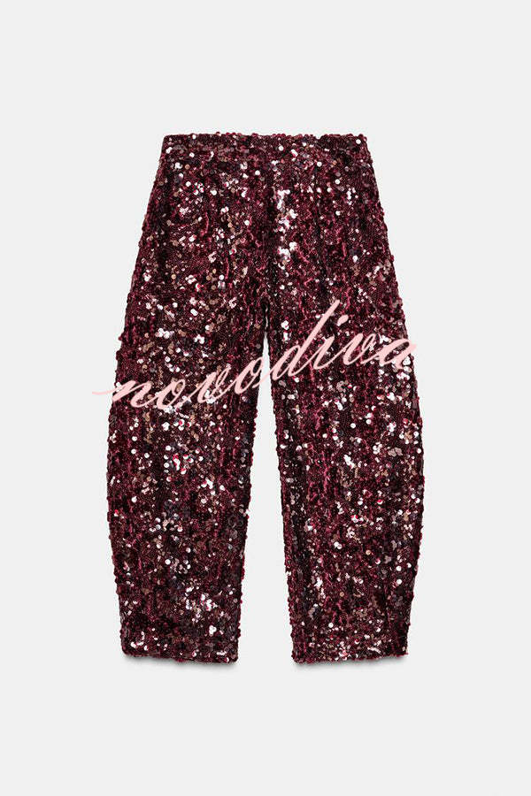 Gala Goddess Sequin High Rise Zipper Waist Wide Leg Pants