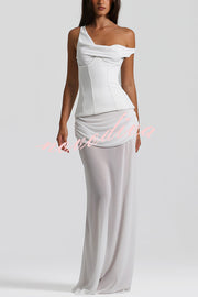 Sculptural Elegance One Shoulder Removable Corset Drape Maxi Dress