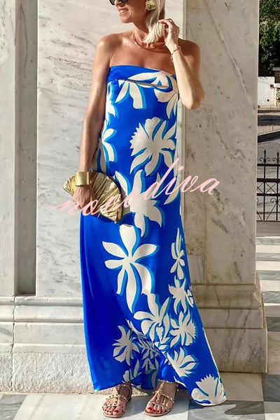 Fashion Vacation Satin Unique Print Off Shoulder Maxi Dress
