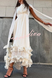 Fashionable V-neck Lace-up Ruffled Double-layer Hem Maxi Dress