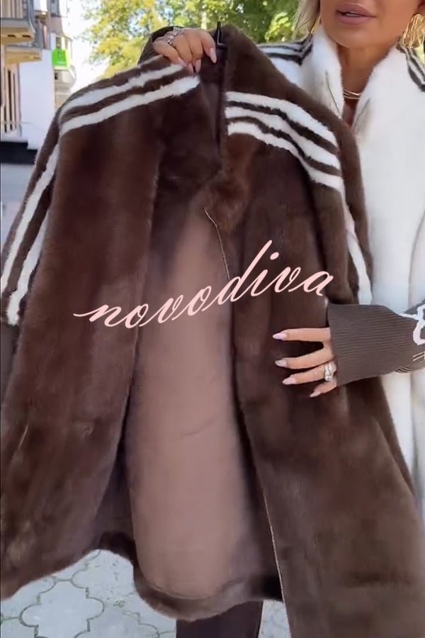 Fashion Sports Stripe Print and Ribbed Embroidered Long Sleeve Zipper Stand Nack Pocket Plush Coat