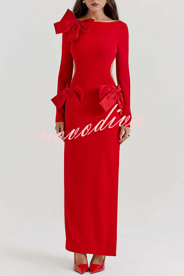 Lovely Bow Cutout Button Back Zipper Long Sleeve Maxi Dress