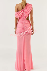 Ceilia Mesh Off Shoulder Cutout Waist Ruched Stretch Maxi Dress