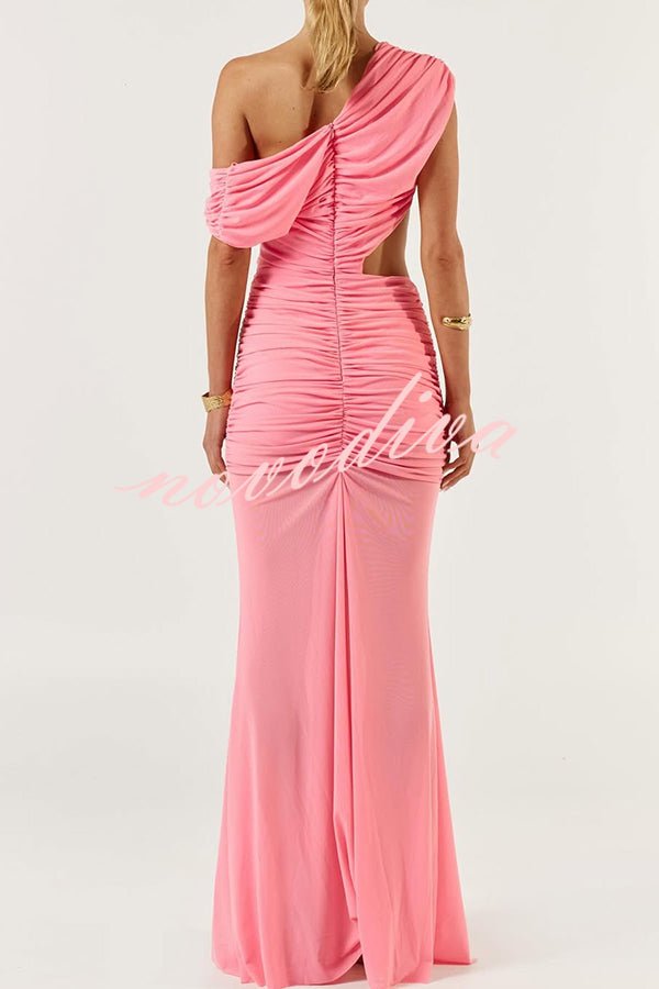 Ceilia Mesh Off Shoulder Cutout Waist Ruched Stretch Maxi Dress