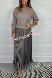 Stylish Knitted Round Neck Long Sleeve Patchwork Pleated Hem Maxi Dress