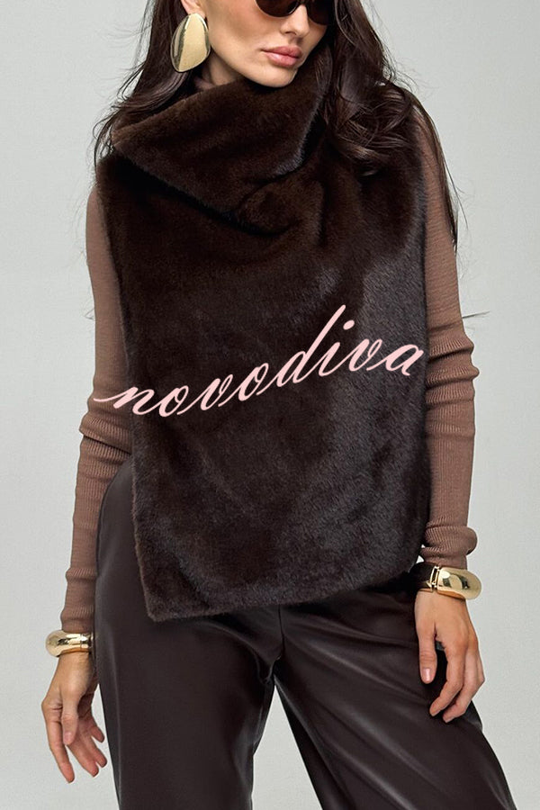 Warm and Stylish Shaggy Eco-fur Stand Collar Side Slit Vest